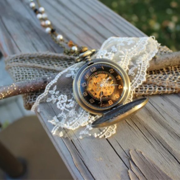 Mechanical Watch Necklace Steampunk with Pearl and Crystal Links! Wear 2 Ways!